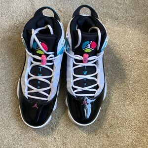 Size 11, mostly black and white Air Jordans